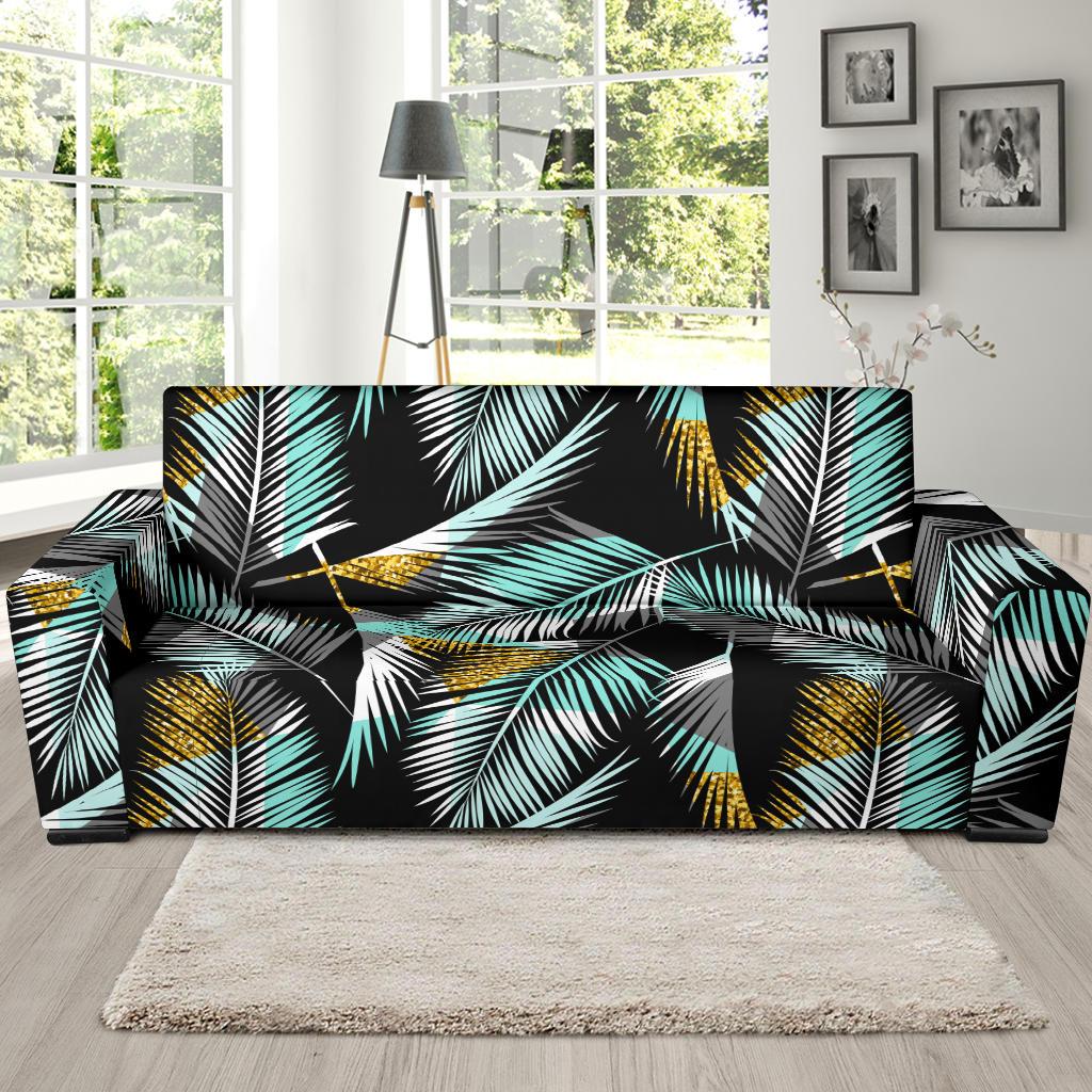 Gold Glitter Cyan Tropical Palm Leaves Sofa Slipcover-JTAMIGO.COM