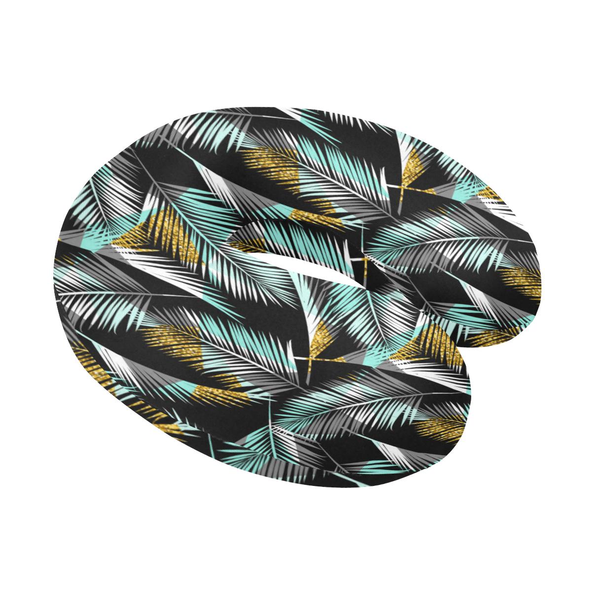 Gold Glitter Cyan Tropical Palm Leaves U-Shaped Travel Neck Pillow-JTAMIGO.COM