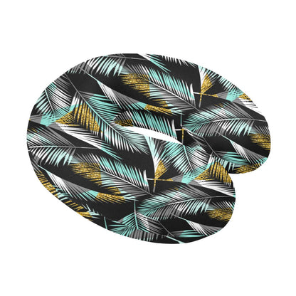 Gold Glitter Cyan Tropical Palm Leaves U-Shaped Travel Neck Pillow-JTAMIGO.COM