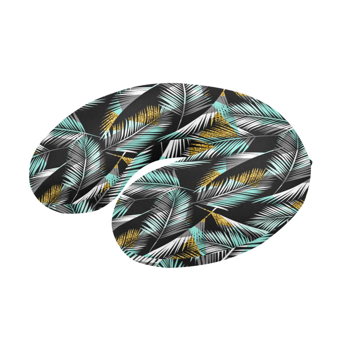 Gold Glitter Cyan Tropical Palm Leaves U-Shaped Travel Neck Pillow-JTAMIGO.COM