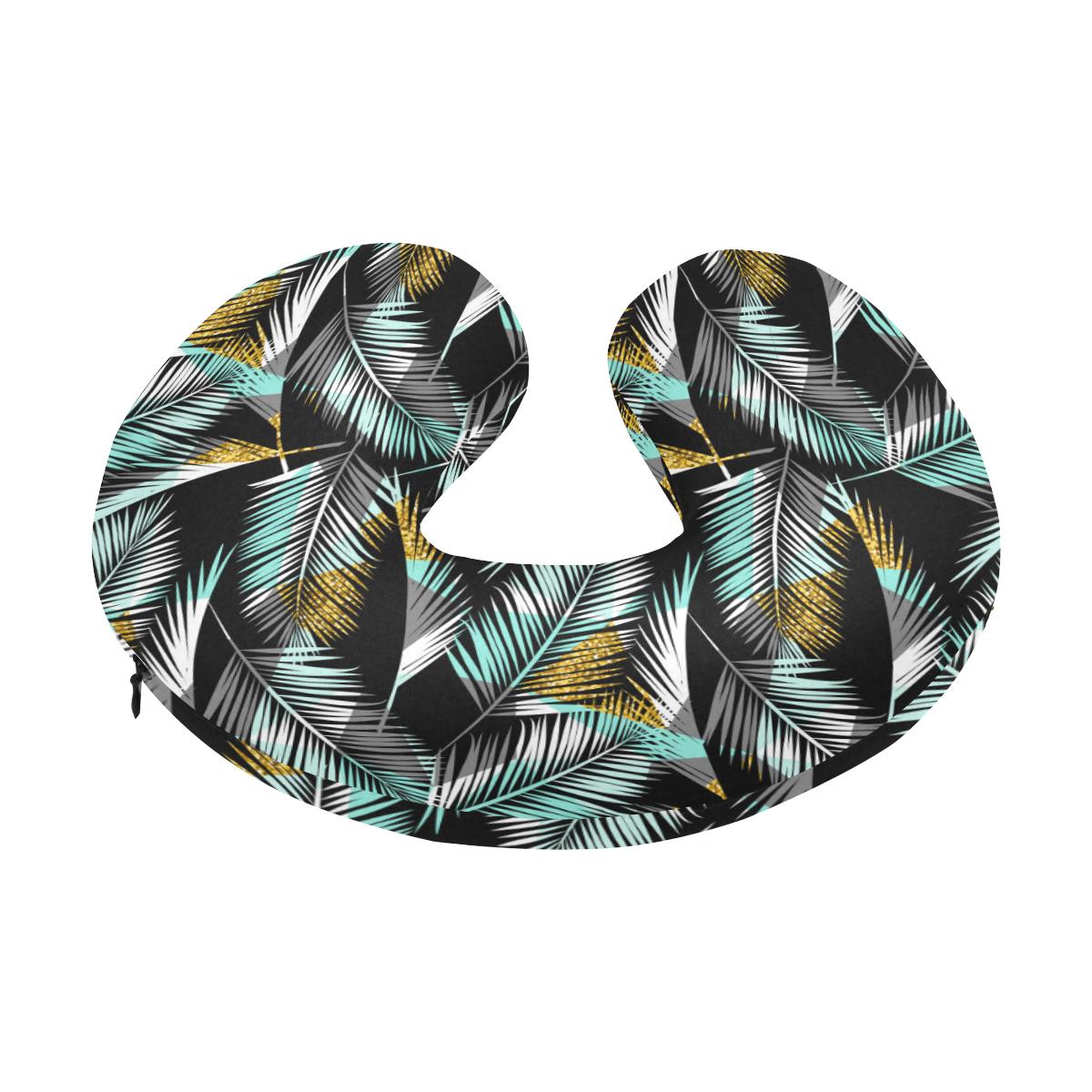 Gold Glitter Cyan Tropical Palm Leaves U-Shaped Travel Neck Pillow-JTAMIGO.COM