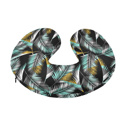 Gold Glitter Cyan Tropical Palm Leaves U-Shaped Travel Neck Pillow-JTAMIGO.COM