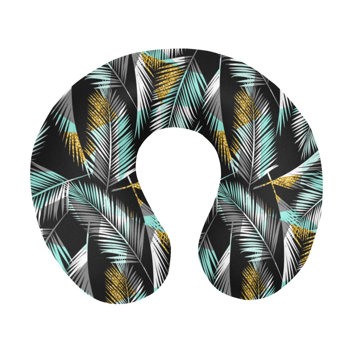 Gold Glitter Cyan Tropical Palm Leaves U-Shaped Travel Neck Pillow-JTAMIGO.COM