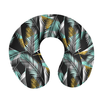 Gold Glitter Cyan Tropical Palm Leaves U-Shaped Travel Neck Pillow-JTAMIGO.COM