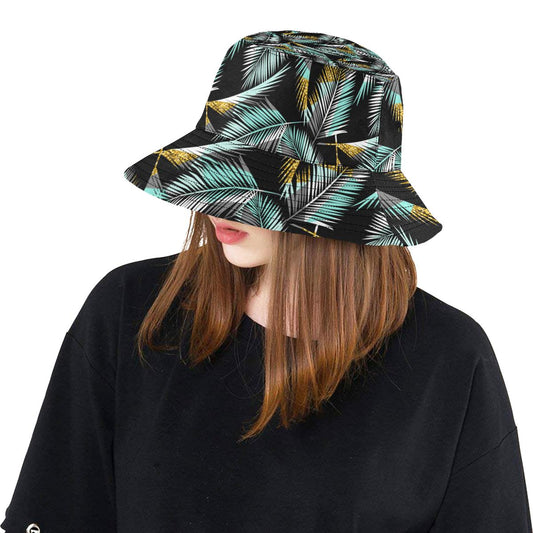 Gold Glitter Cyan Tropical Palm Leaves Unisex Bucket Hat