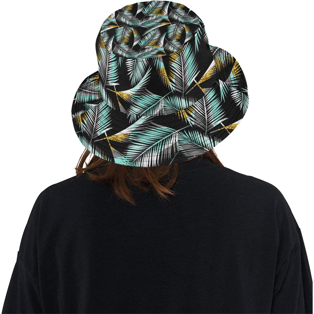 Gold Glitter Cyan Tropical Palm Leaves Unisex Bucket Hat