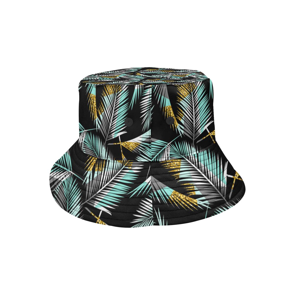 Gold Glitter Cyan Tropical Palm Leaves Unisex Bucket Hat