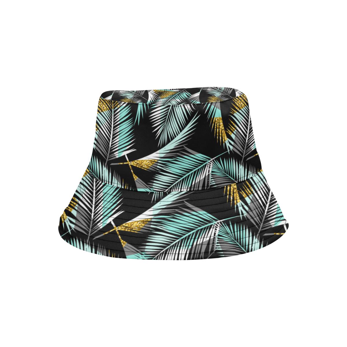 Gold Glitter Cyan Tropical Palm Leaves Unisex Bucket Hat