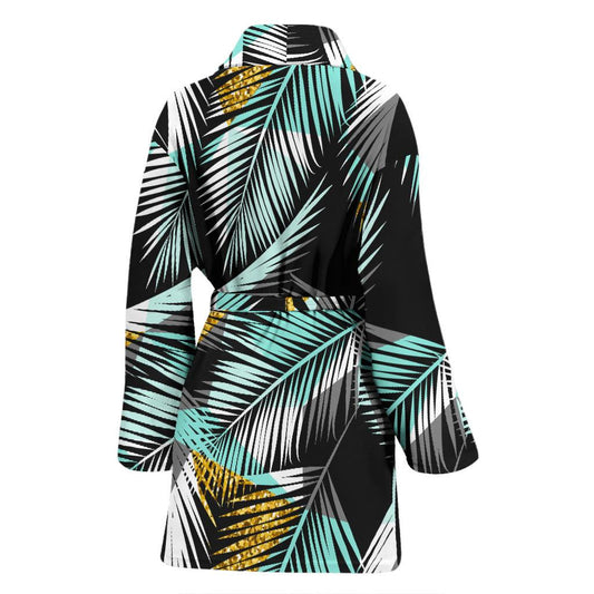 Gold Glitter Cyan Tropical Palm Leaves Women Bath Robe-JTAMIGO.COM