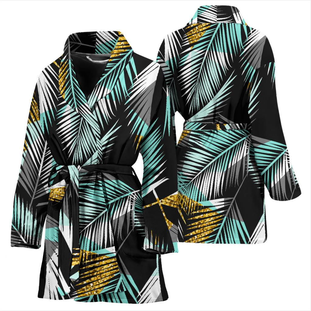 Gold Glitter Cyan Tropical Palm Leaves Women Bath Robe-JTAMIGO.COM