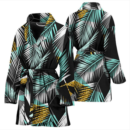 Gold Glitter Cyan Tropical Palm Leaves Women Bath Robe-JTAMIGO.COM