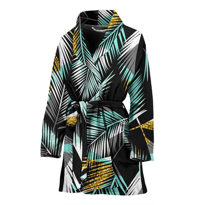 Gold Glitter Cyan Tropical Palm Leaves Women Bath Robe-JTAMIGO.COM
