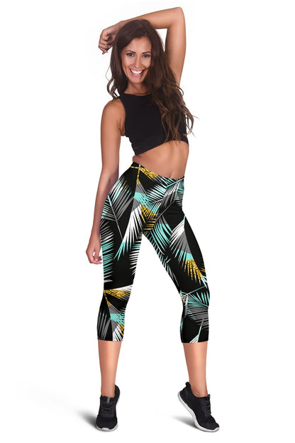 Gold Glitter Cyan Tropical Palm Leaves Women Capris