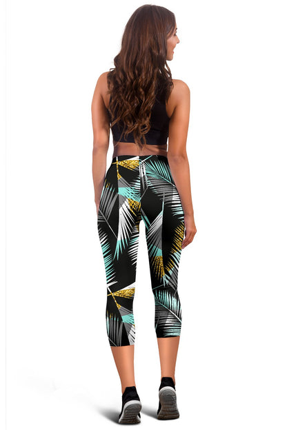 Gold Glitter Cyan Tropical Palm Leaves Women Capris