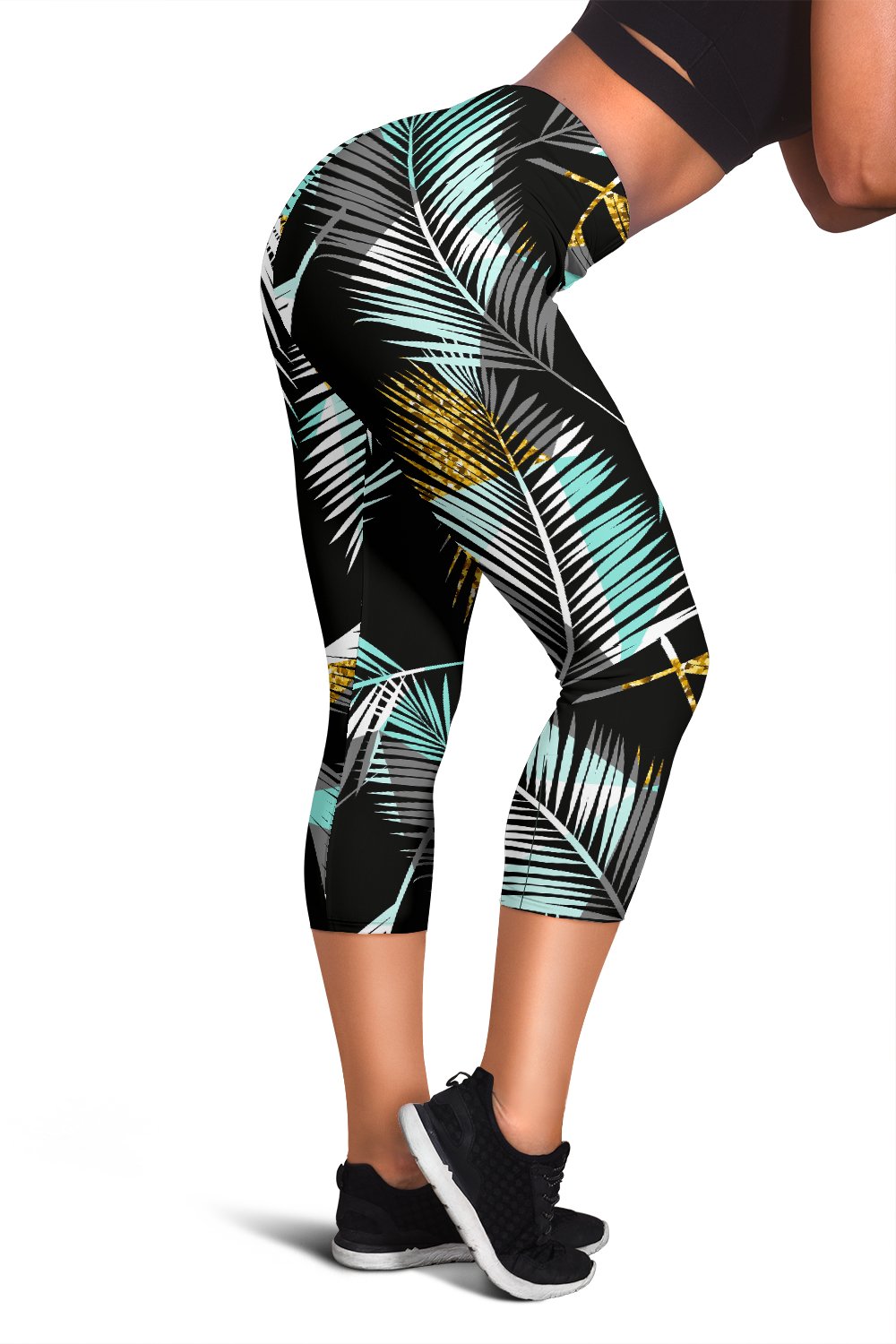 Gold Glitter Cyan Tropical Palm Leaves Women Capris