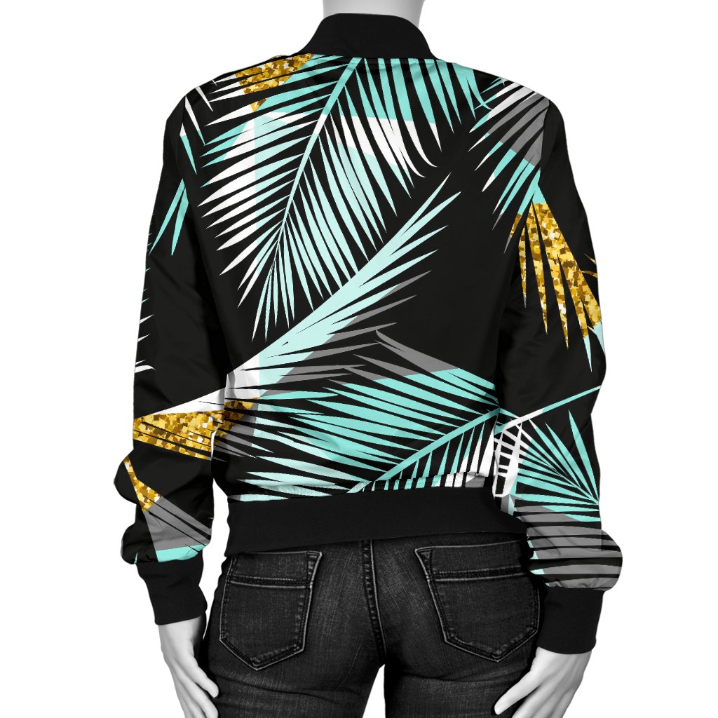 Gold Glitter Cyan Tropical Palm Leaves Women Casual Bomber Jacket