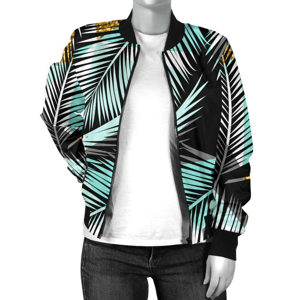Gold Glitter Cyan Tropical Palm Leaves Women Casual Bomber Jacket