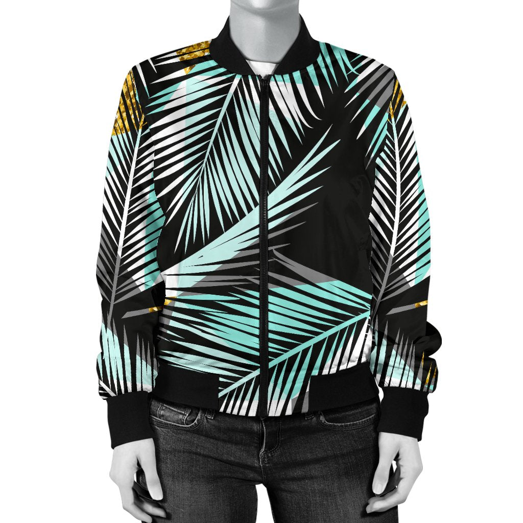 Gold Glitter Cyan Tropical Palm Leaves Women Casual Bomber Jacket