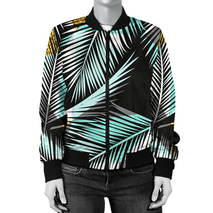 Gold Glitter Cyan Tropical Palm Leaves Women Casual Bomber Jacket