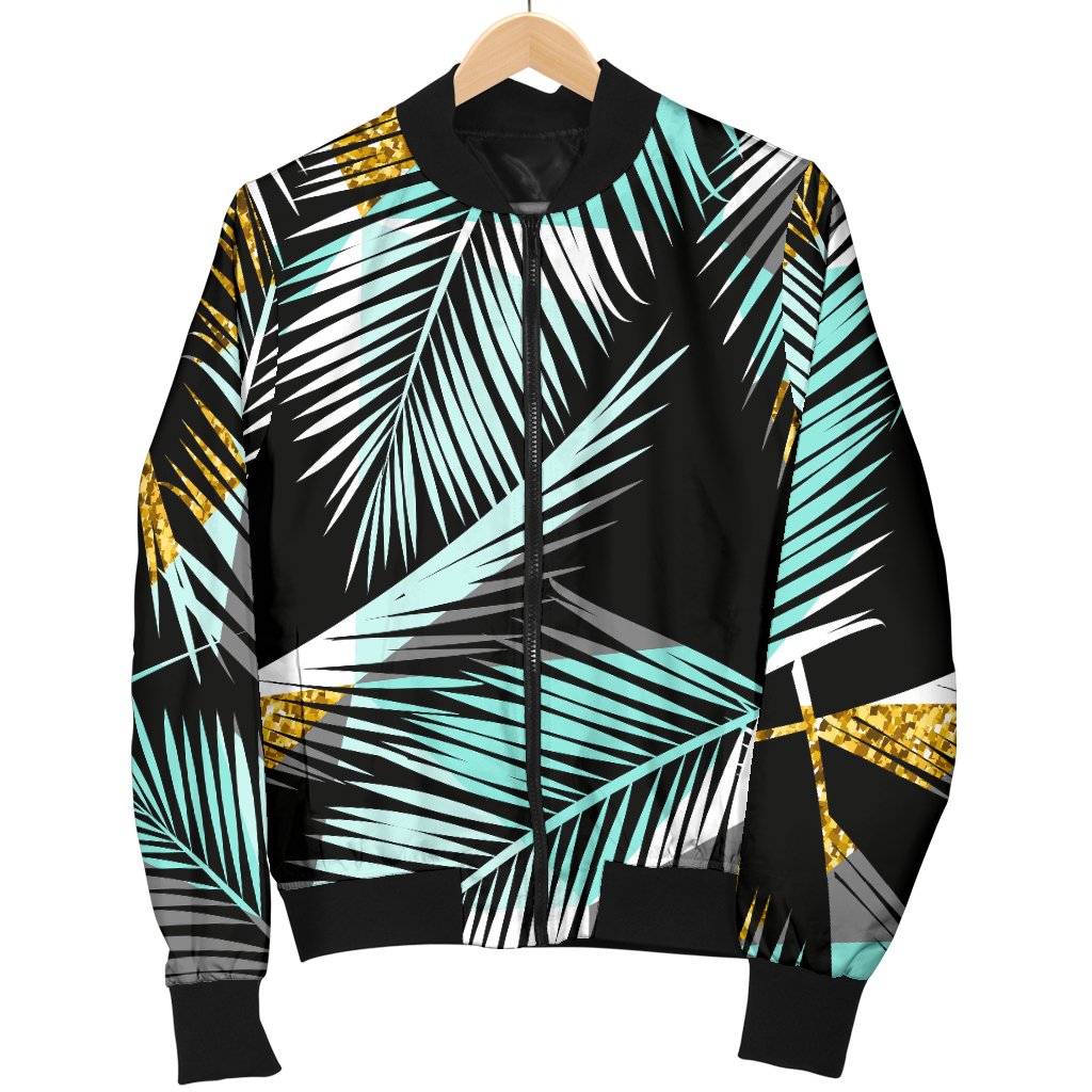 Gold Glitter Cyan Tropical Palm Leaves Women Casual Bomber Jacket