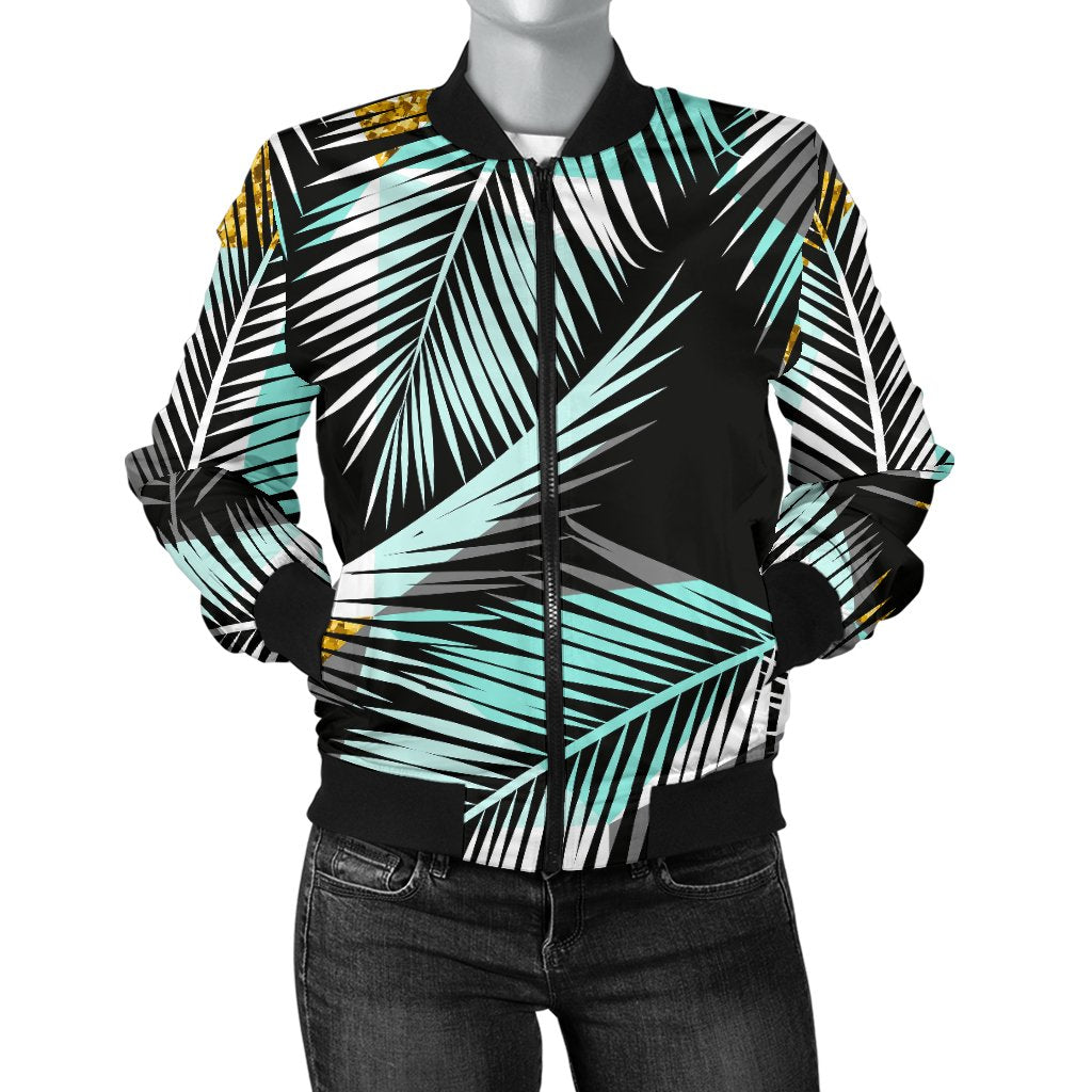 Gold Glitter Cyan Tropical Palm Leaves Women Casual Bomber Jacket