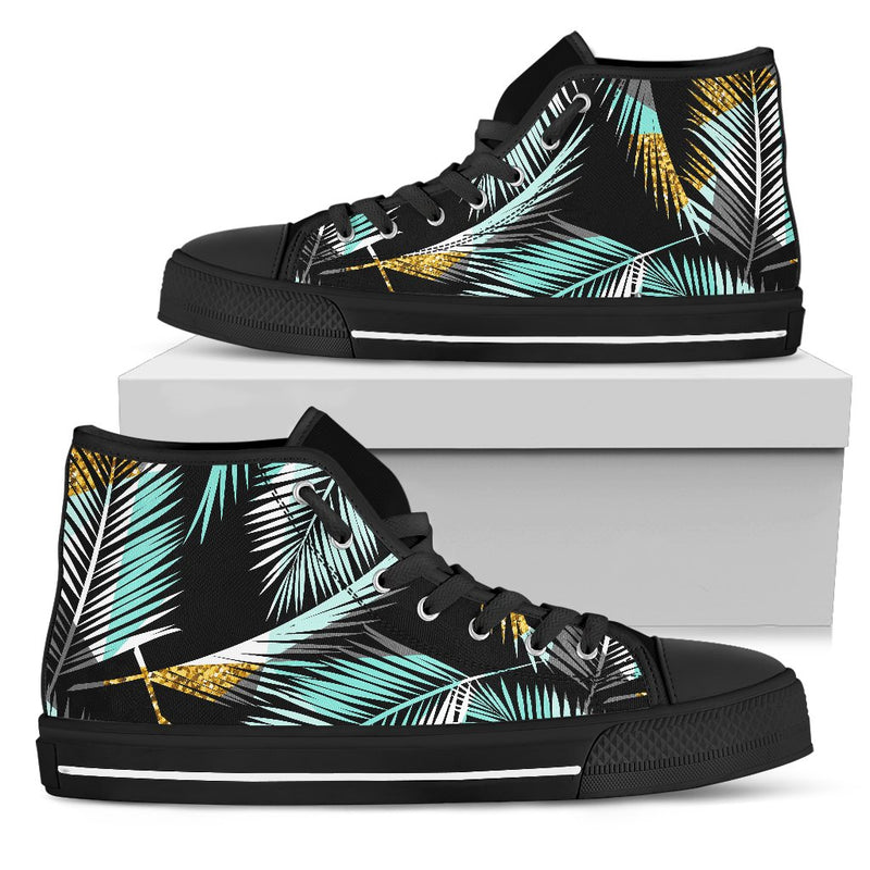 Gold Glitter Cyan Tropical Palm Leaves Women High Top Shoes