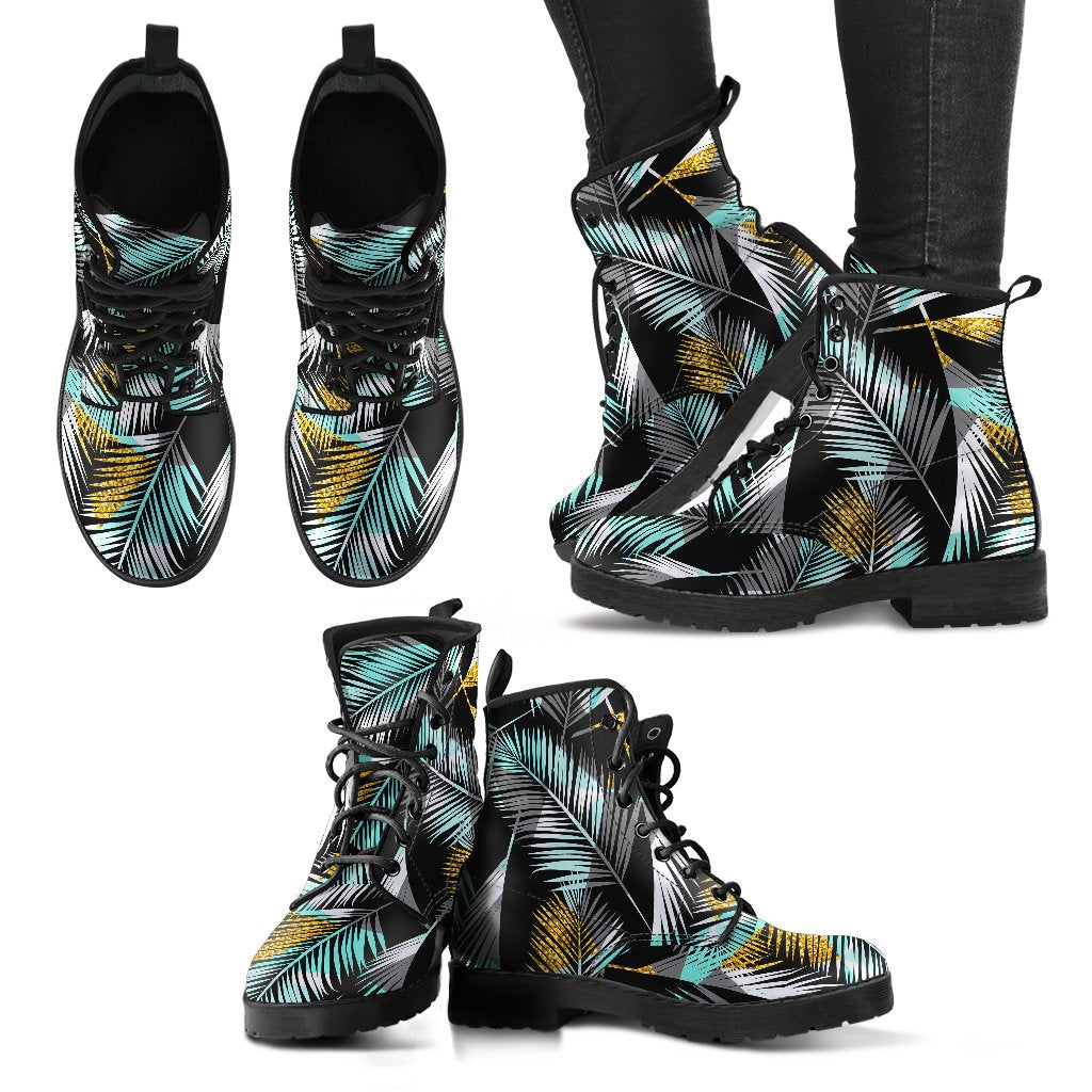 Gold Glitter Cyan Tropical Palm Leaves Women Leather Boots-JTAMIGO.COM