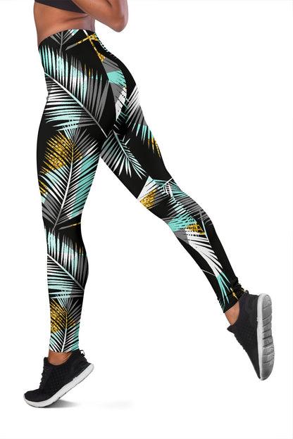 Gold Glitter Cyan Tropical Palm Leaves Women Leggings