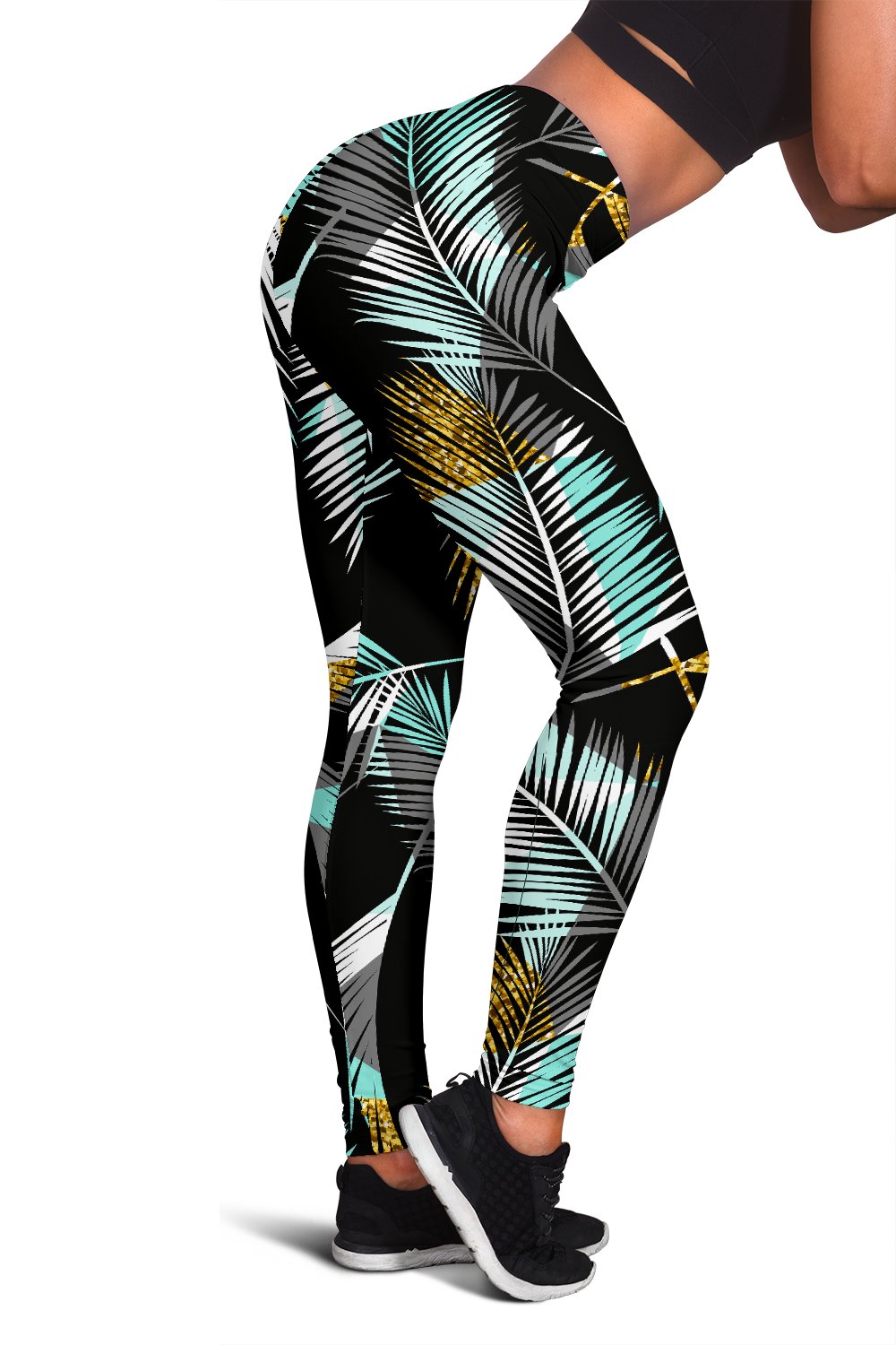 Gold Glitter Cyan Tropical Palm Leaves Women Leggings