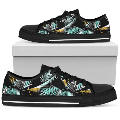 Gold Glitter Cyan Tropical Palm Leaves Women Low Top Shoes