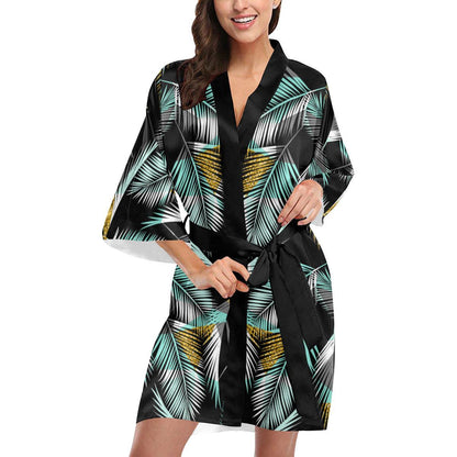 Gold Glitter Cyan Tropical Palm Leaves Women Short Kimono Robe