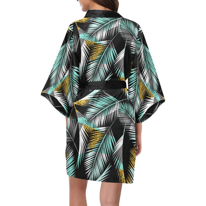 Gold Glitter Cyan Tropical Palm Leaves Women Short Kimono Robe