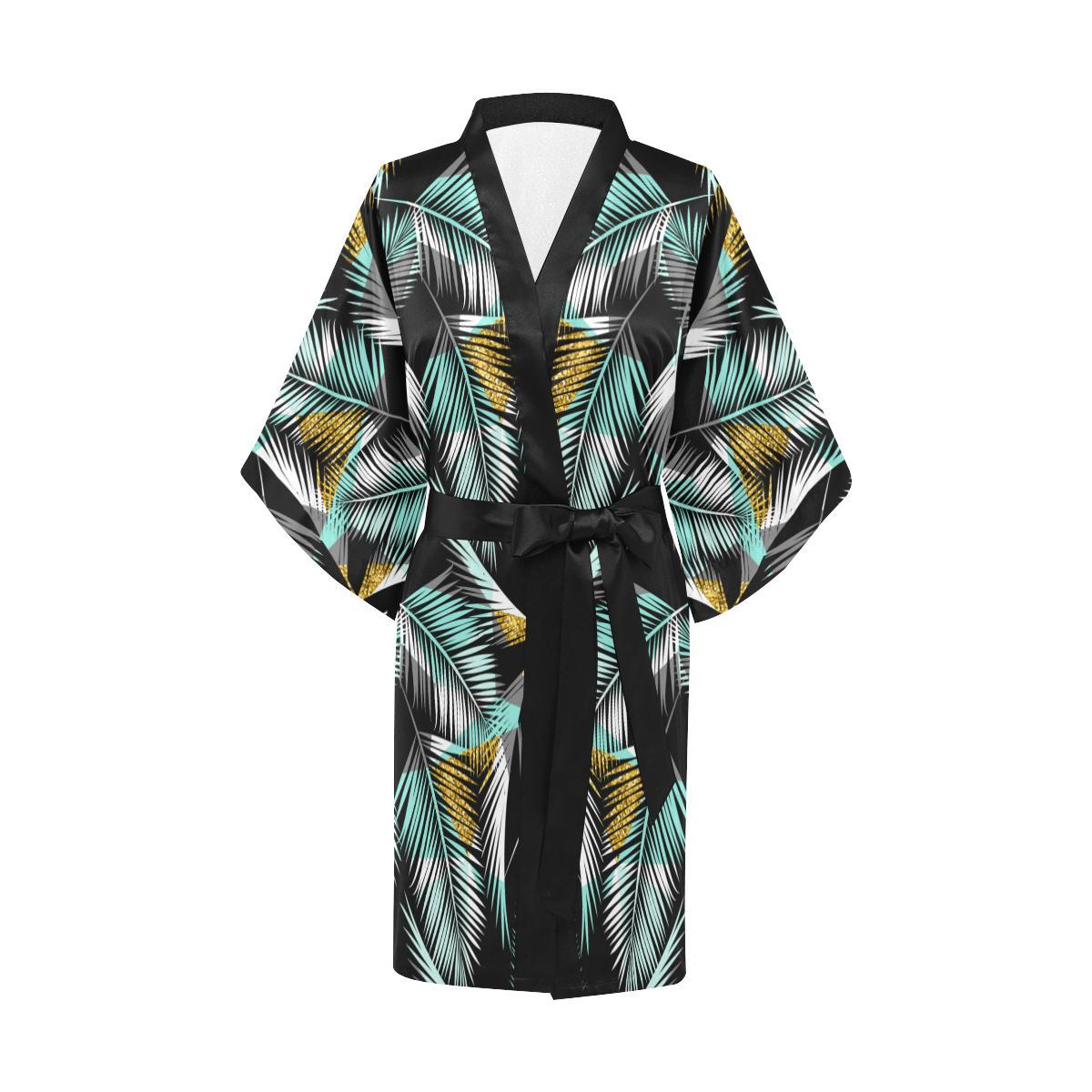 Gold Glitter Cyan Tropical Palm Leaves Women Short Kimono Robe