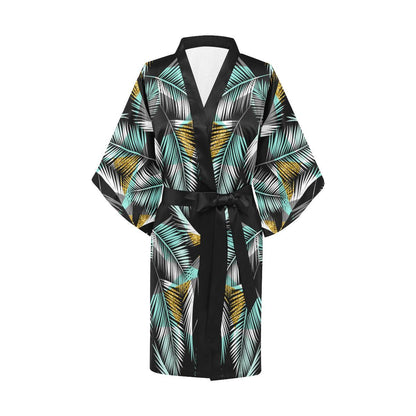Gold Glitter Cyan Tropical Palm Leaves Women Short Kimono Robe