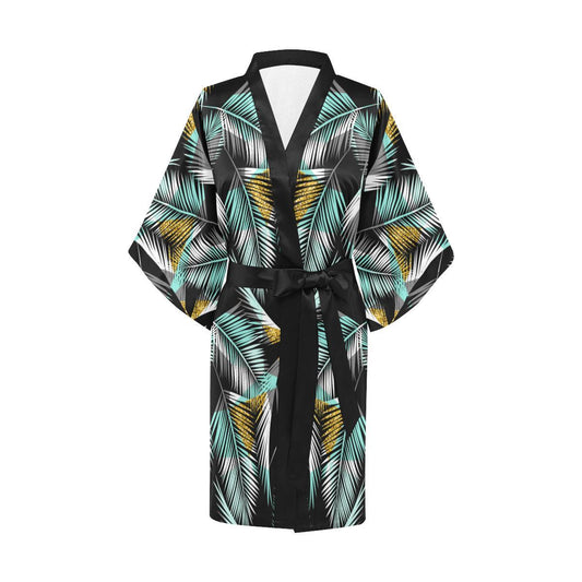 Gold Glitter Cyan Tropical Palm Leaves Women Short Kimono Robe
