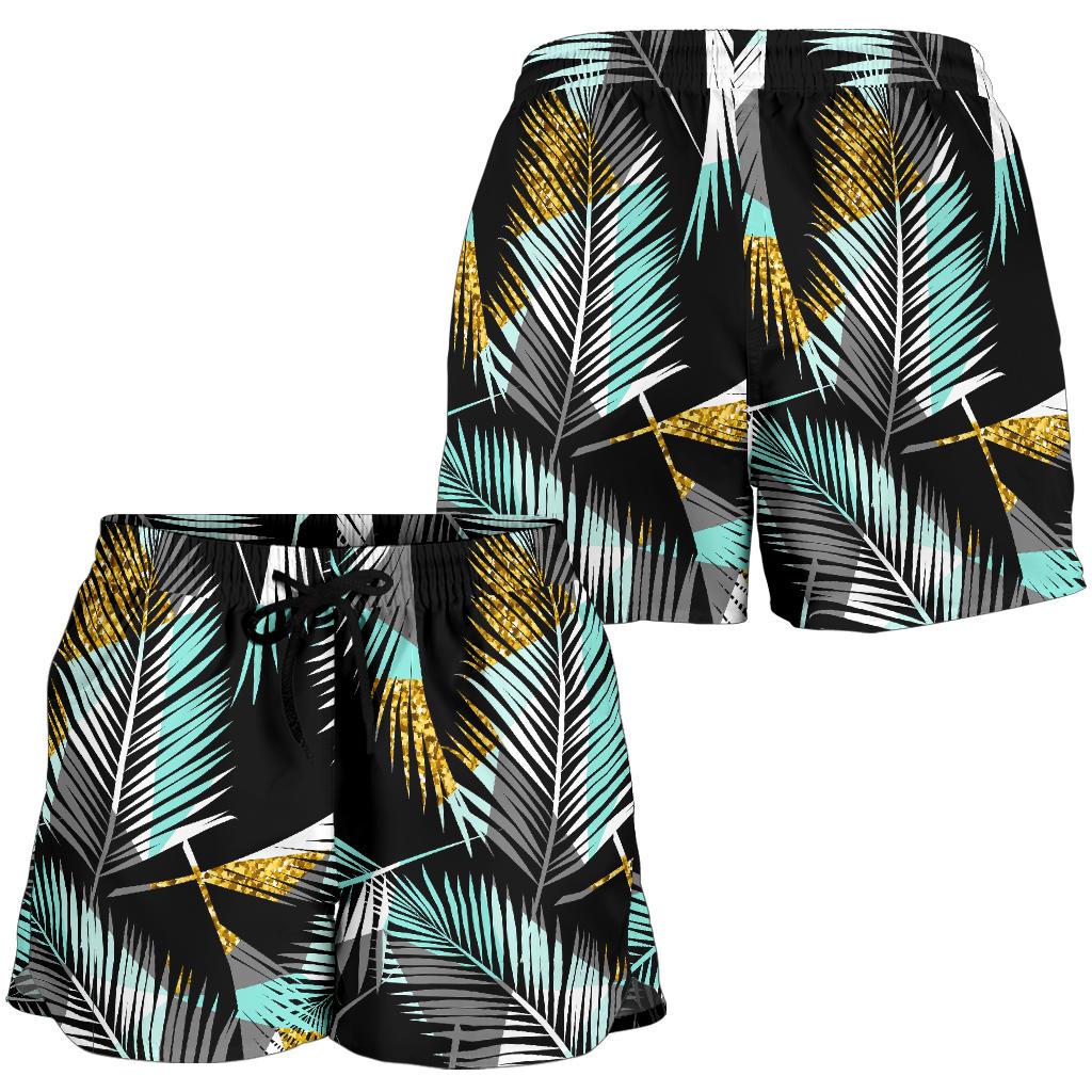 Gold Glitter Cyan Tropical Palm Leaves Women Shorts-JTAMIGO.COM