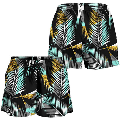 Gold Glitter Cyan Tropical Palm Leaves Women Shorts-JTAMIGO.COM