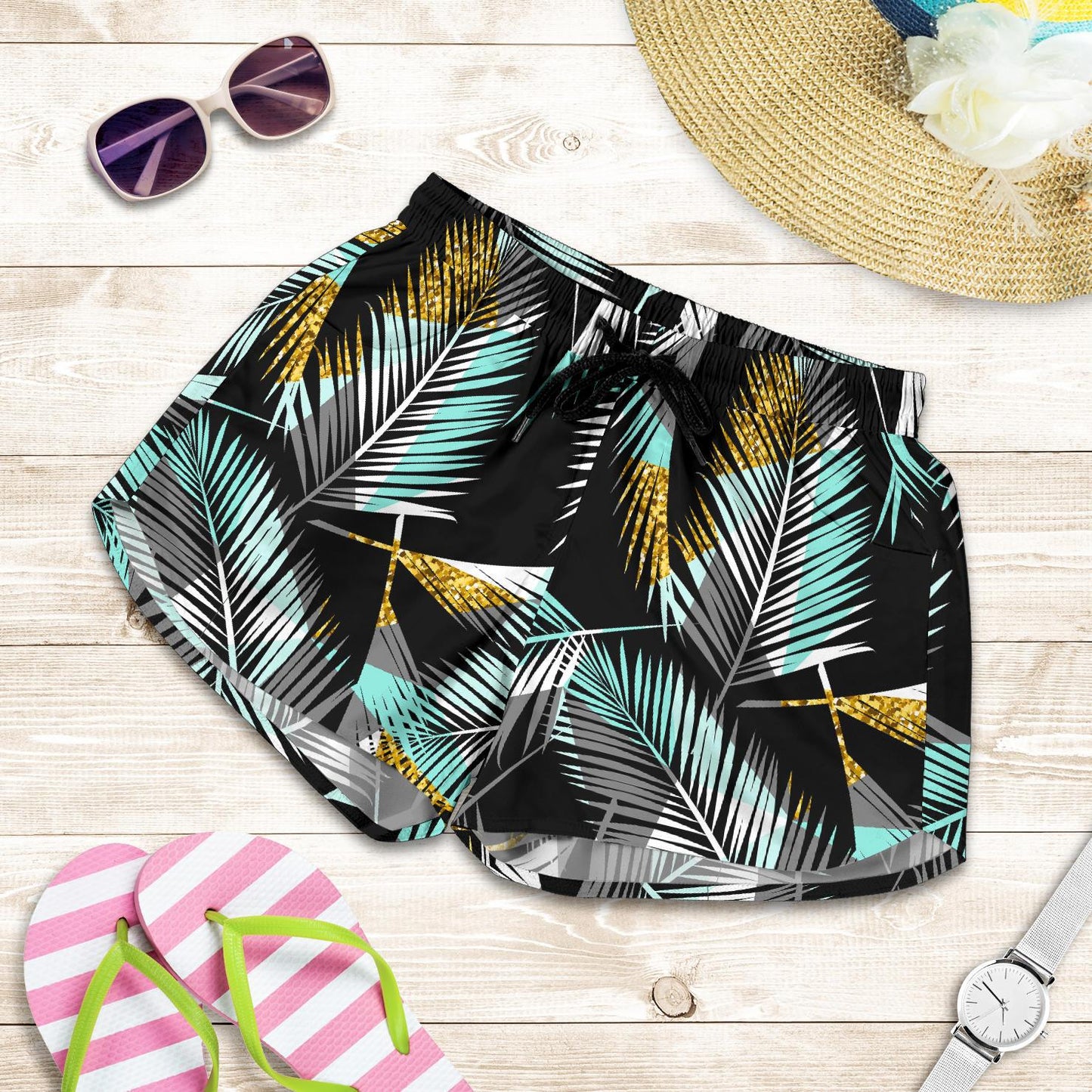 Gold Glitter Cyan Tropical Palm Leaves Women Shorts-JTAMIGO.COM