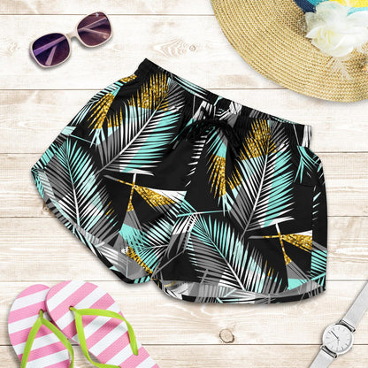 Gold Glitter Cyan Tropical Palm Leaves Women Shorts-JTAMIGO.COM