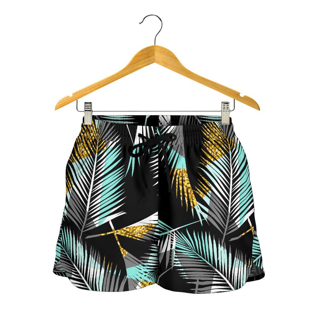 Gold Glitter Cyan Tropical Palm Leaves Women Shorts-JTAMIGO.COM