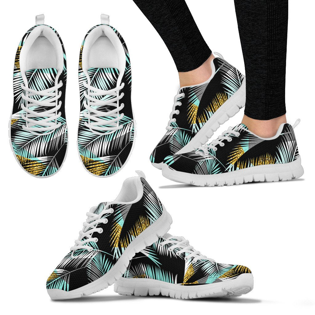 Gold Glitter Cyan Tropical Palm Leaves Women Sneakers Shoes
