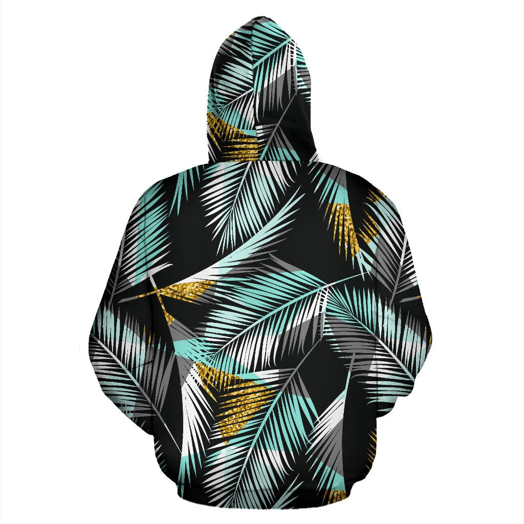 Gold Glitter Cyan Tropical Palm Leaves Zip Up Hoodie