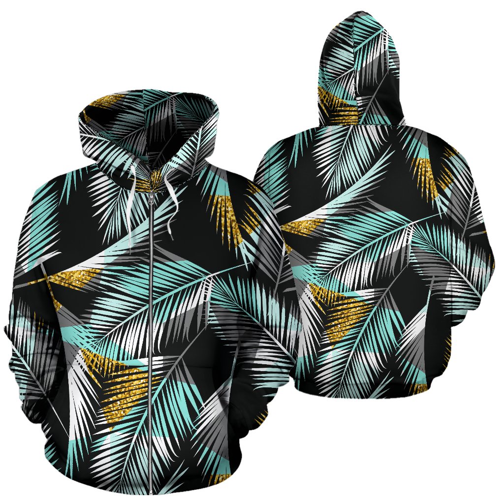 Gold Glitter Cyan Tropical Palm Leaves Zip Up Hoodie