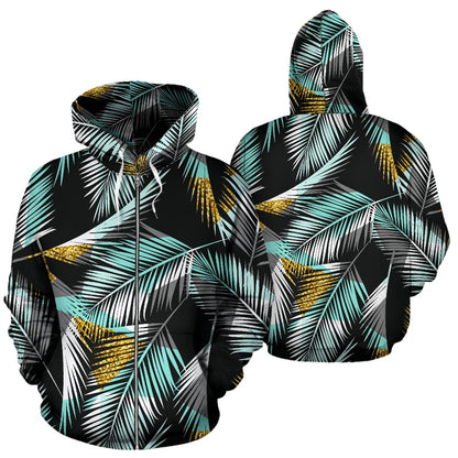 Gold Glitter Cyan Tropical Palm Leaves Zip Up Hoodie