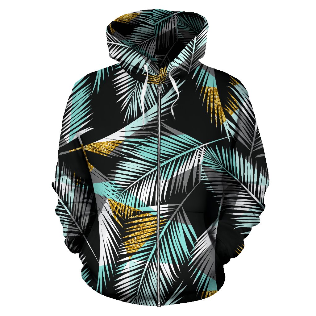 Gold Glitter Cyan Tropical Palm Leaves Zip Up Hoodie
