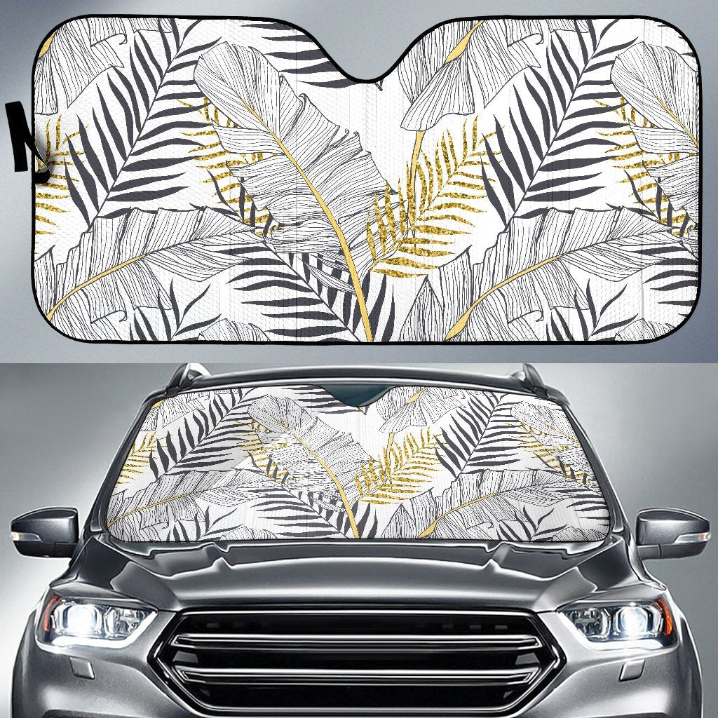 Gold Glitter Tropical Palm Leaves Car Sun Shade For Windshield