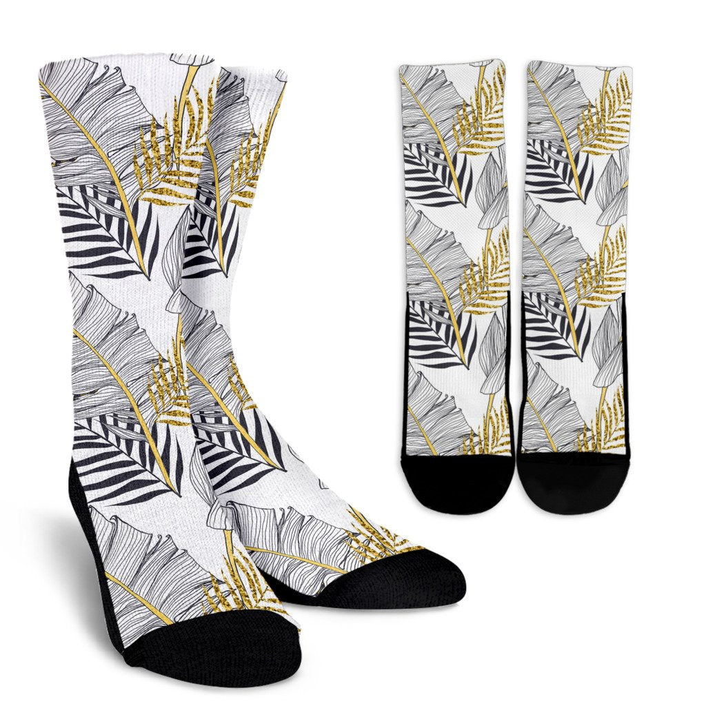 Gold Glitter Tropical Palm Leaves Crew Socks