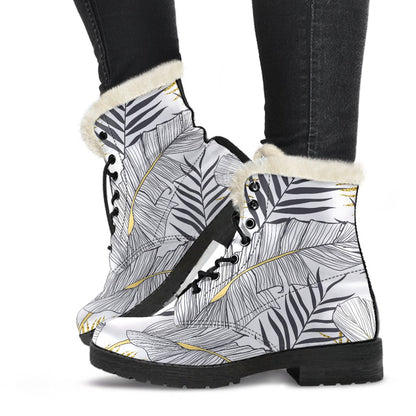 Gold Glitter Tropical Palm Leaves Faux Fur Leather Boots-JTAMIGO.COM