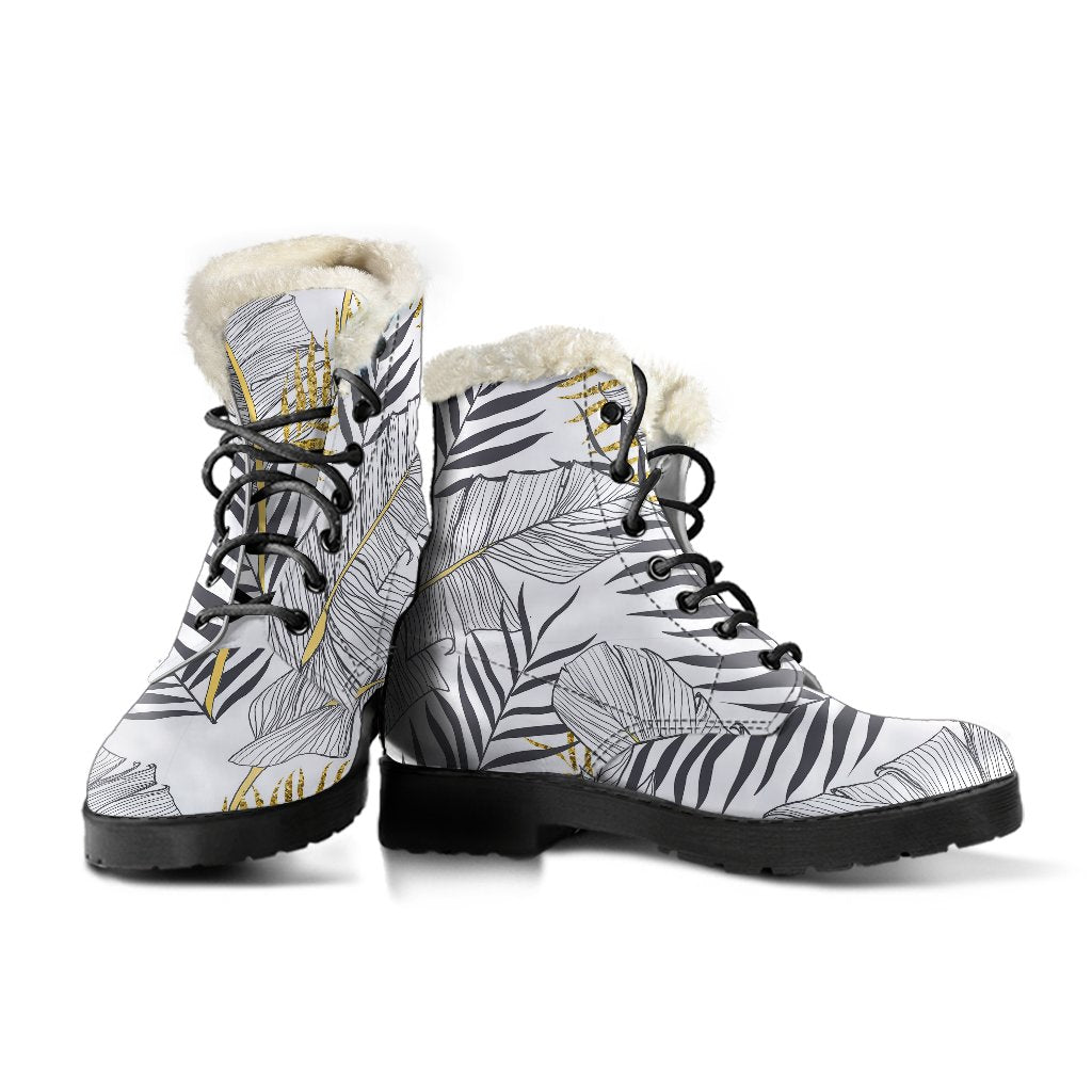 Gold Glitter Tropical Palm Leaves Faux Fur Leather Boots-JTAMIGO.COM