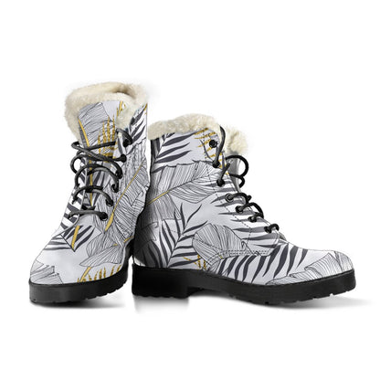 Gold Glitter Tropical Palm Leaves Faux Fur Leather Boots-JTAMIGO.COM